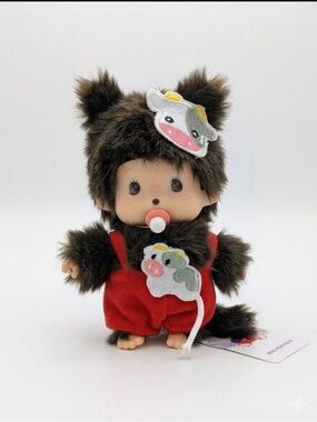 Plush Small Pet Doll in Brown Fur Costume with Red Outfit